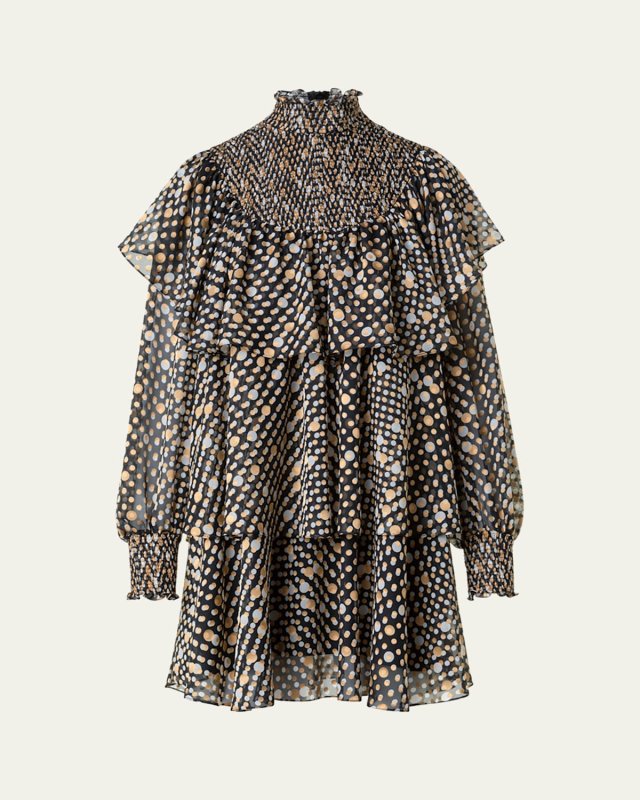 Polka Dot Devore Crepe De Chine Ruffle Mini Dress
